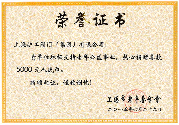老年公益事業(yè)榮譽(yù)證書(上海市老年基金會(huì))-上海滬工閥門廠